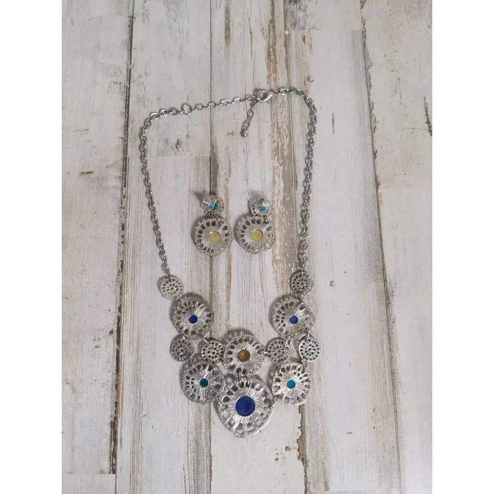 Statement Necklace & Matching‎ Earring Set, silver tone, blue yellow & teal - Picture 2 of 6